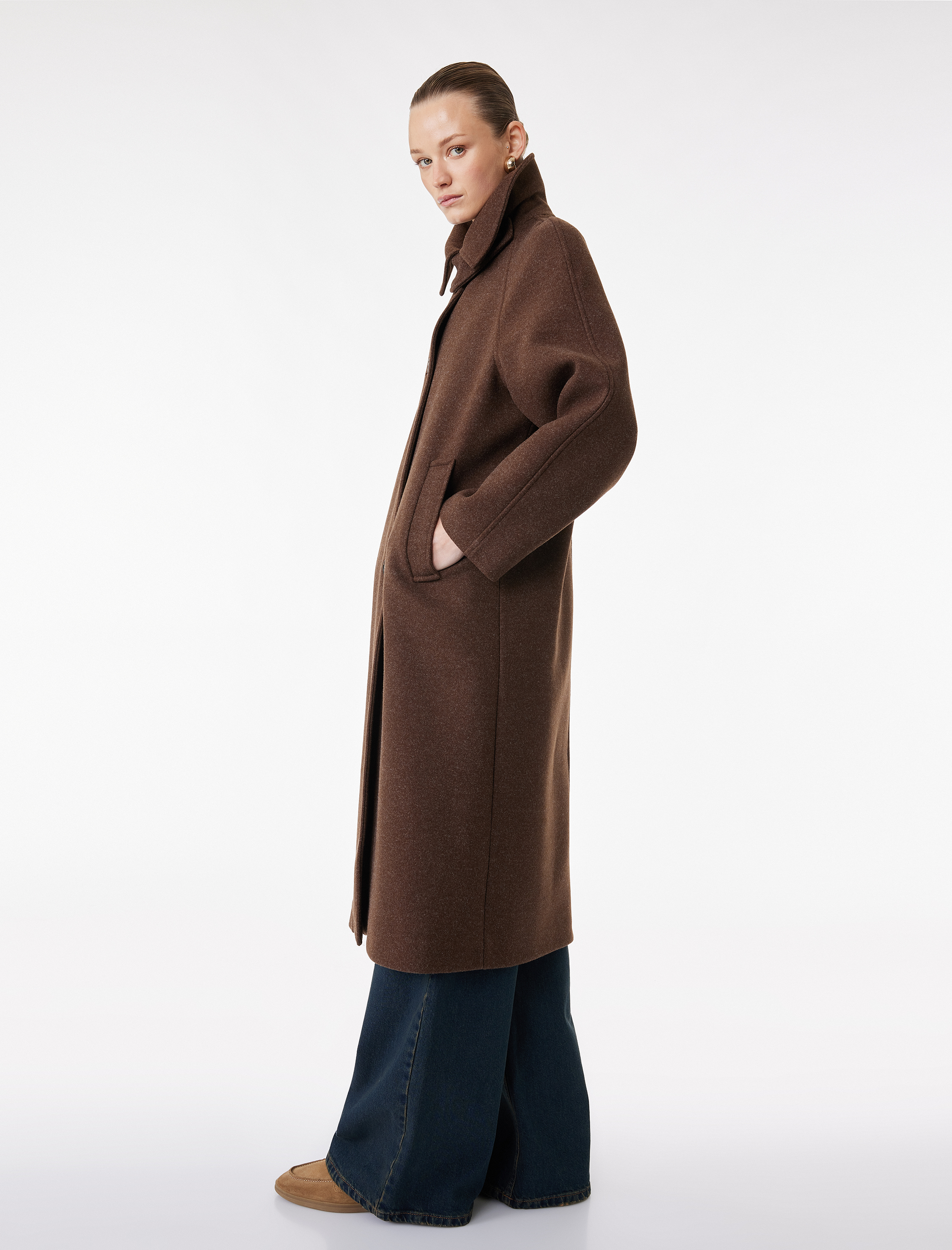   Uzun Kollu Düğmeli Cepli Uzun Kaşe Oversize Kaban