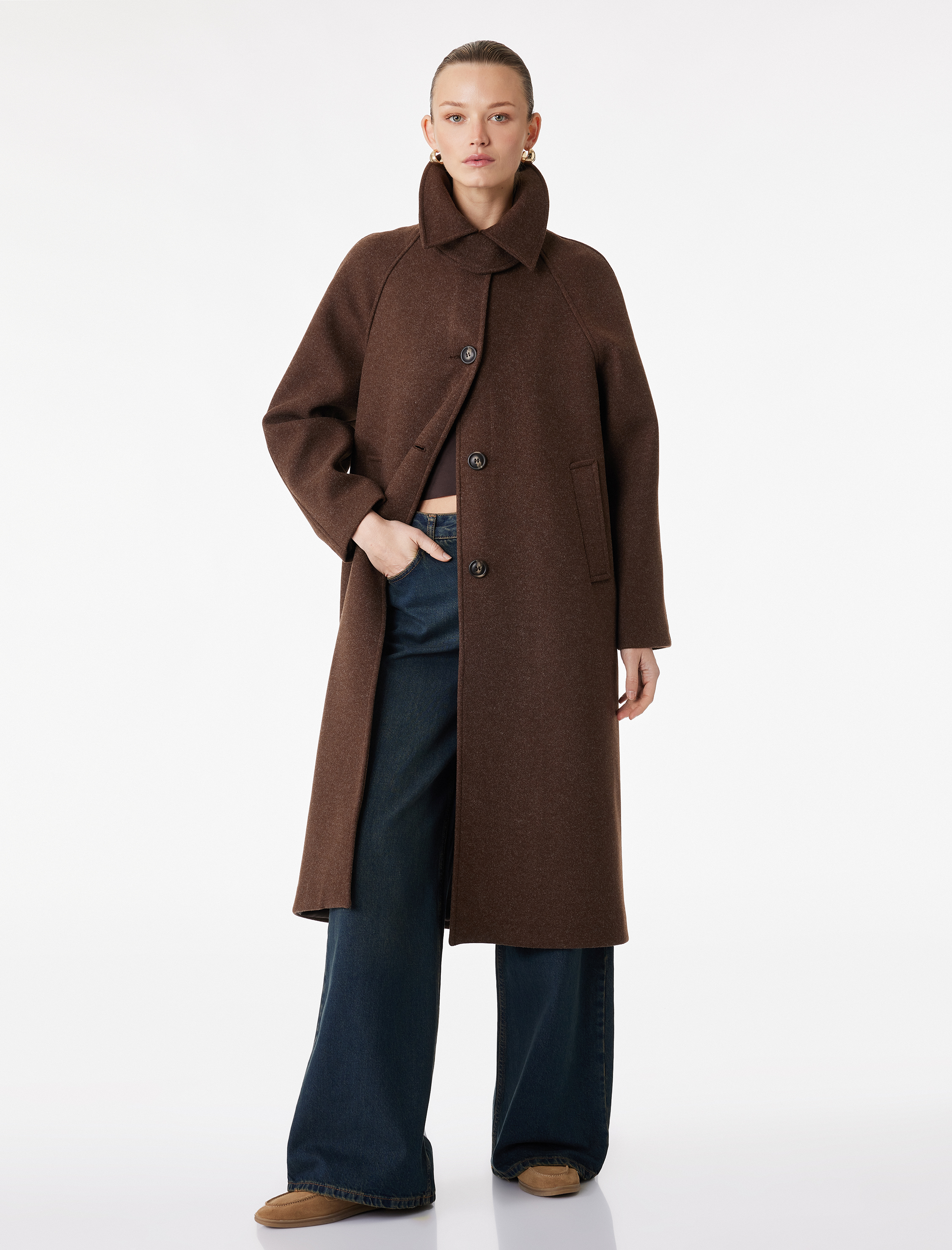   Uzun Kollu Düğmeli Cepli Uzun Kaşe Oversize Kaban