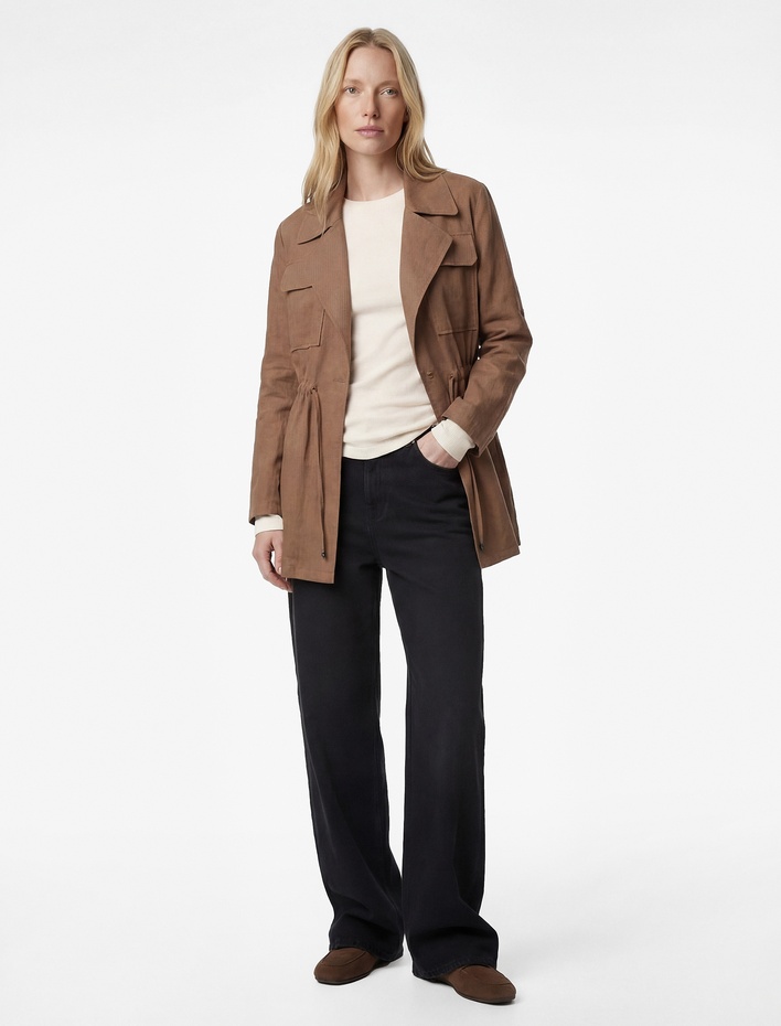  Modal Kumaş Uzun Kollu Kapaklı Cep Detaylı Bağlama Detaylı Oversize Ceket