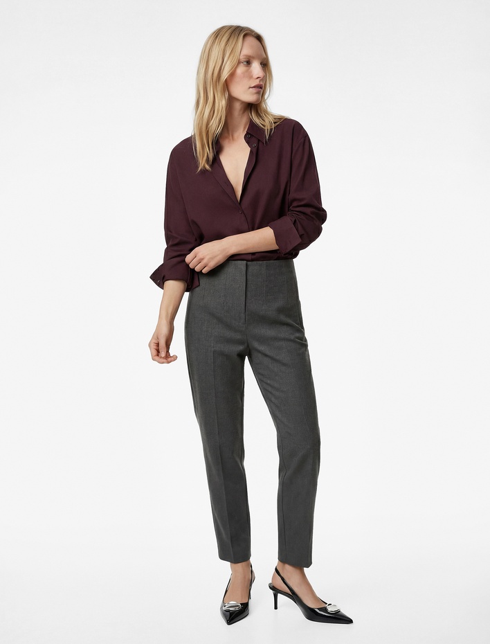  Yüksek Bel Düz Paça Viskon Karışımlı Cepli Cigarette Pantolon