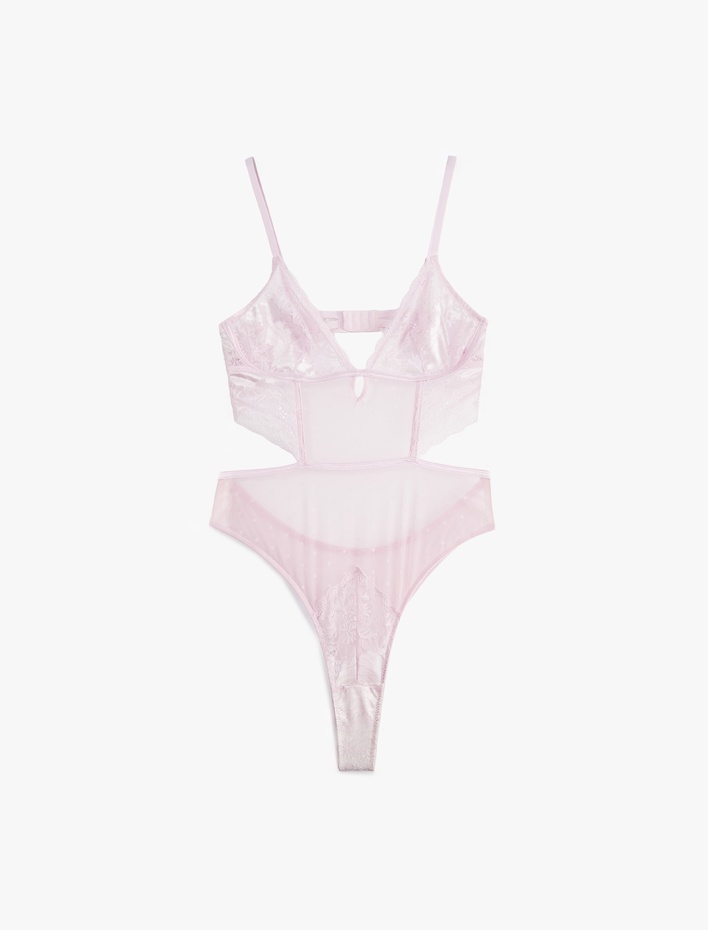  Dantel Detaylı Rahat Kalıp V Yaka Tül Askılı Bodysuit