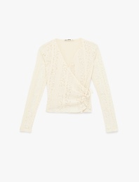 Slim Fit Uzun Kollu Kruvaze Yaka Dantel Tişört