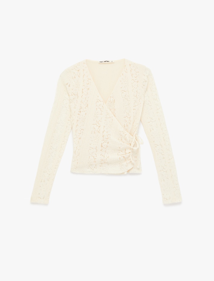  Slim Fit Uzun Kollu Kruvaze Yaka Dantel Tişört