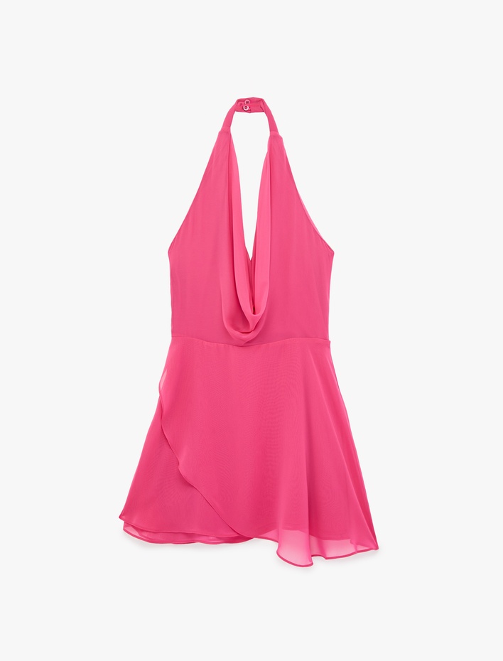  Kolsuz Degaje Yaka Şifon Mini Abiye Elbise