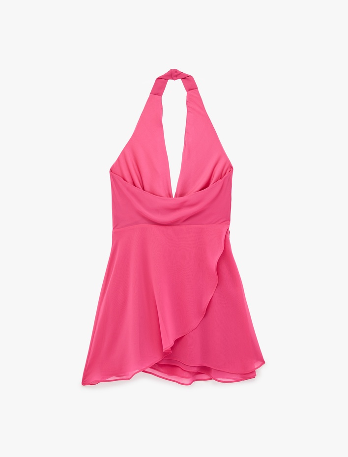  Kolsuz Degaje Yaka Şifon Mini Abiye Elbise