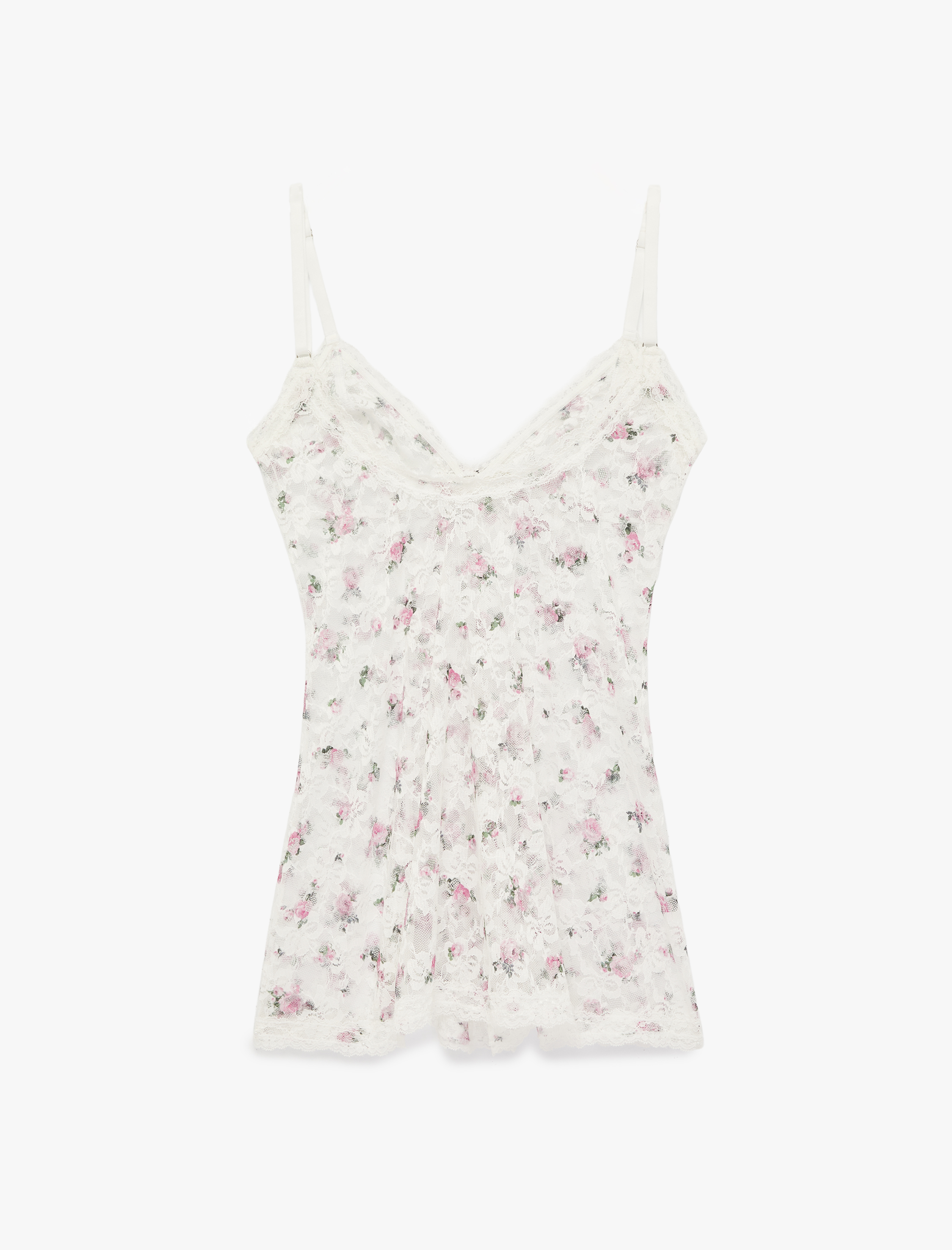   Yarı Transparan V Yaka Askılı Çiçekli Dantel Gecelik