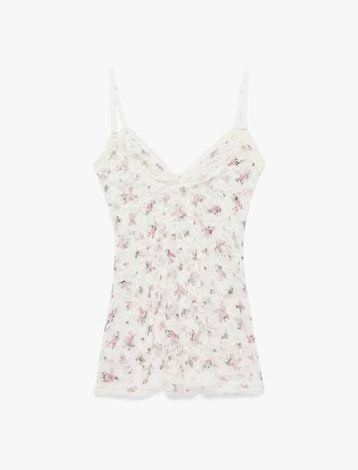  Yarı Transparan V Yaka Askılı Çiçekli Dantel Gecelik