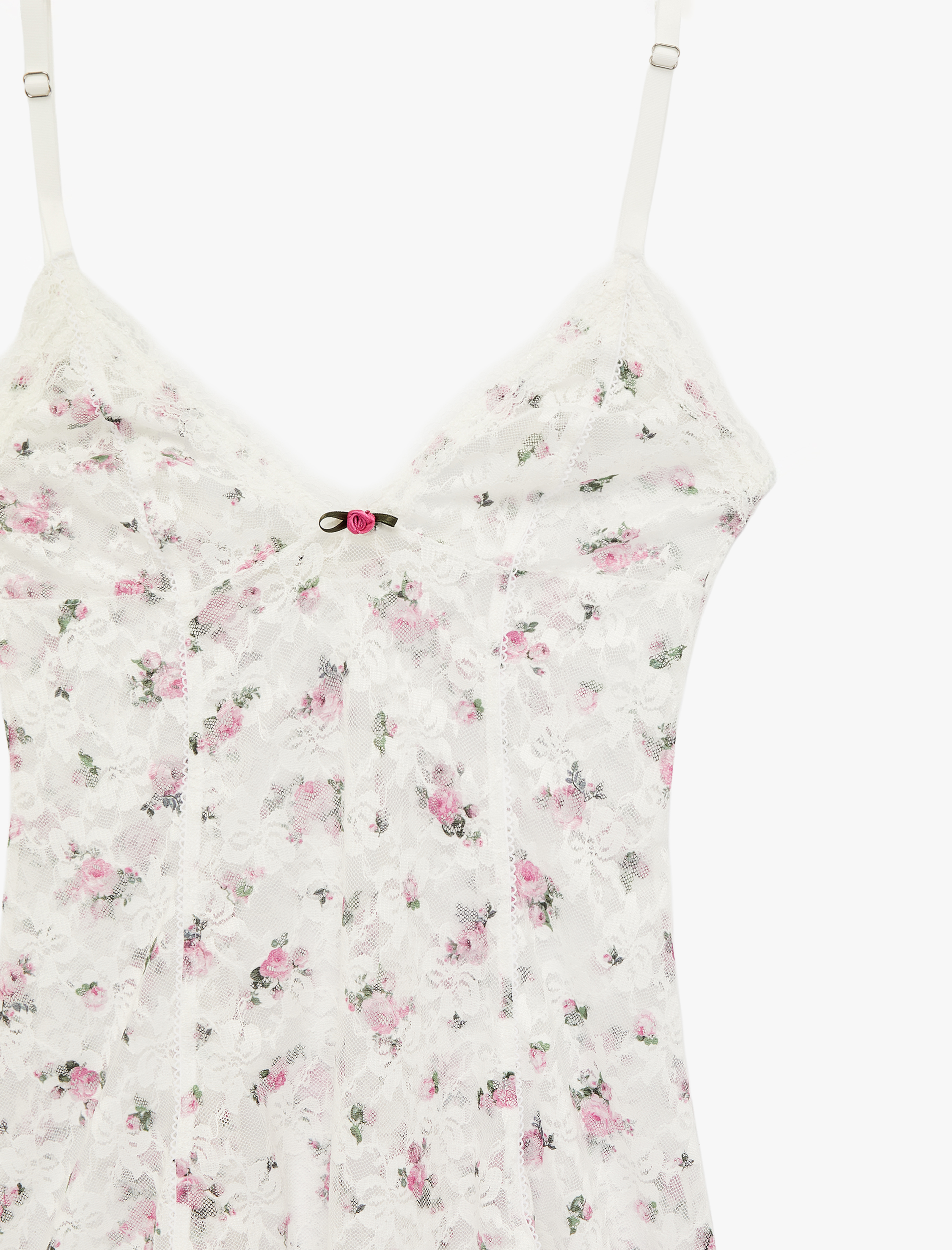   Yarı Transparan V Yaka Askılı Çiçekli Dantel Gecelik