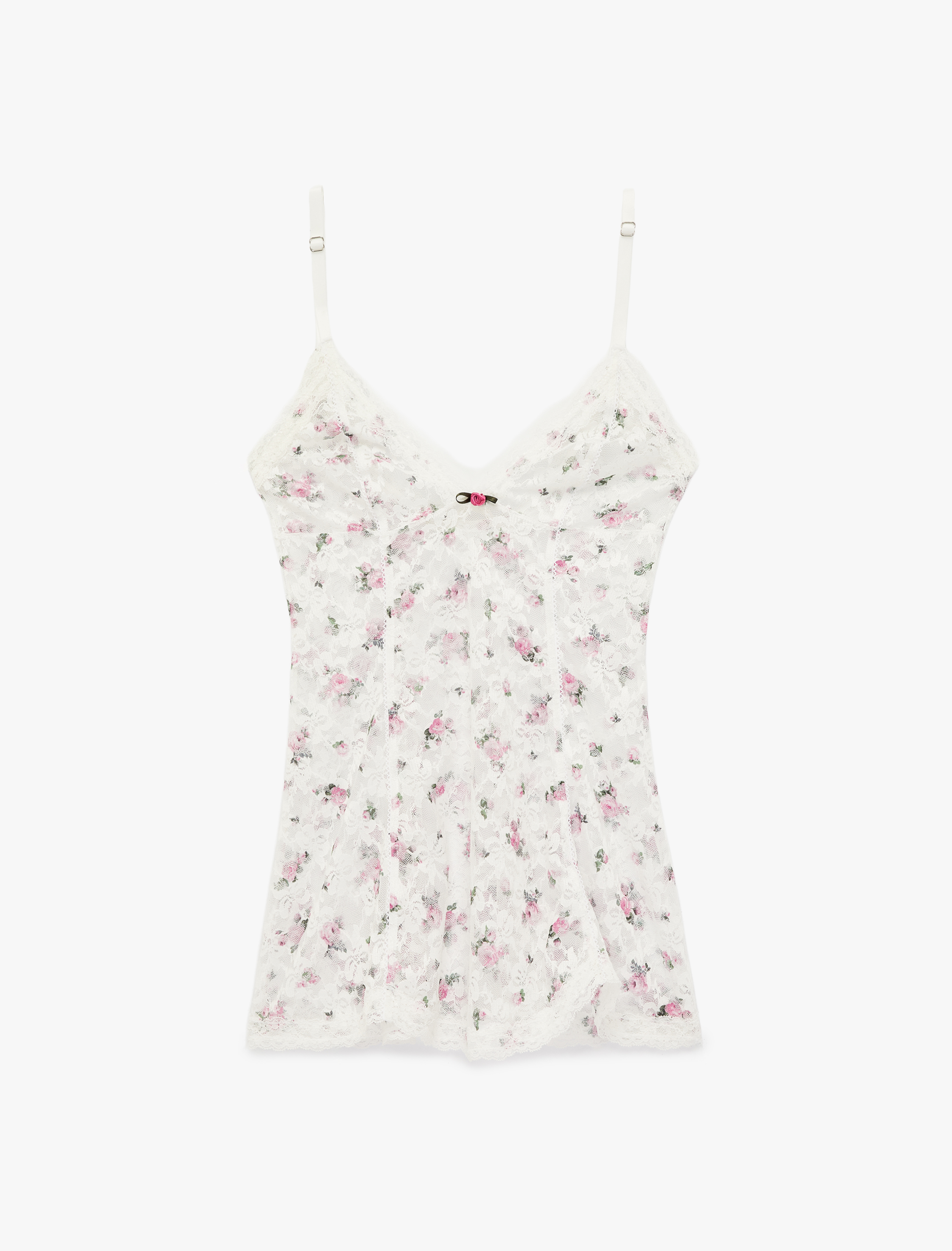   Yarı Transparan V Yaka Askılı Çiçekli Dantel Gecelik