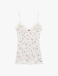 Yarı Transparan V Yaka Askılı Çiçekli Dantel Gecelik