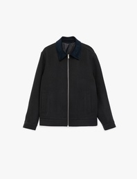 Regular Fit Uzun Kollu Cepli Gömlek Yaka Fermuarlı Kaşe Ceket