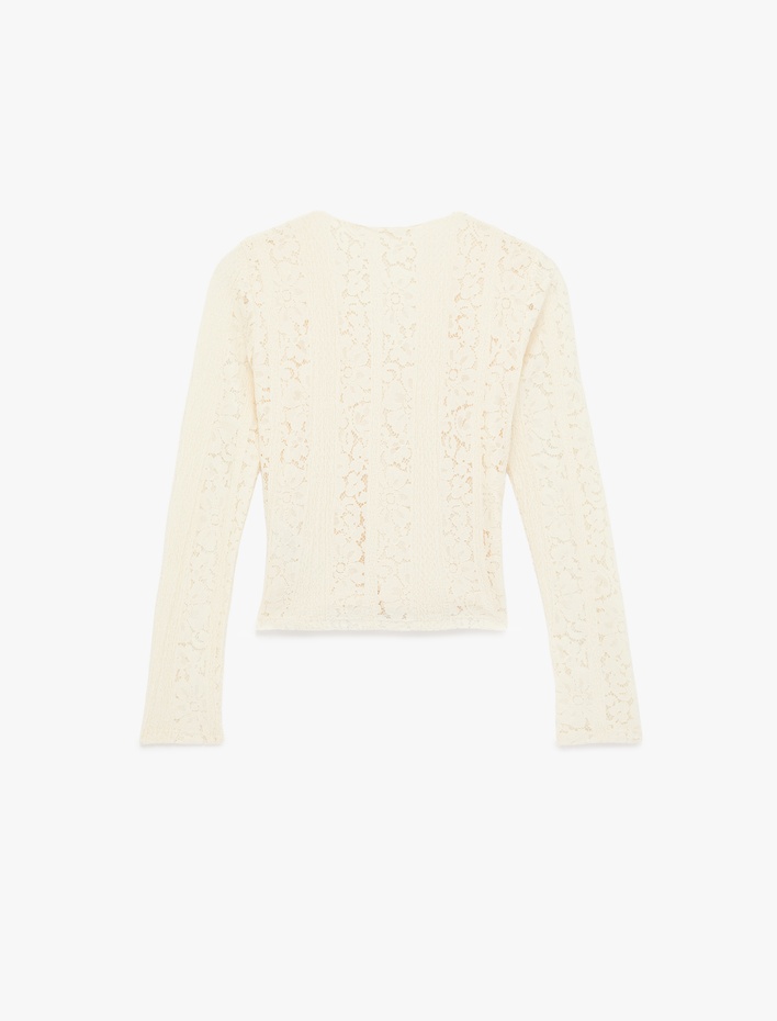  Slim Fit Uzun Kollu Kruvaze Yaka Dantel Tişört