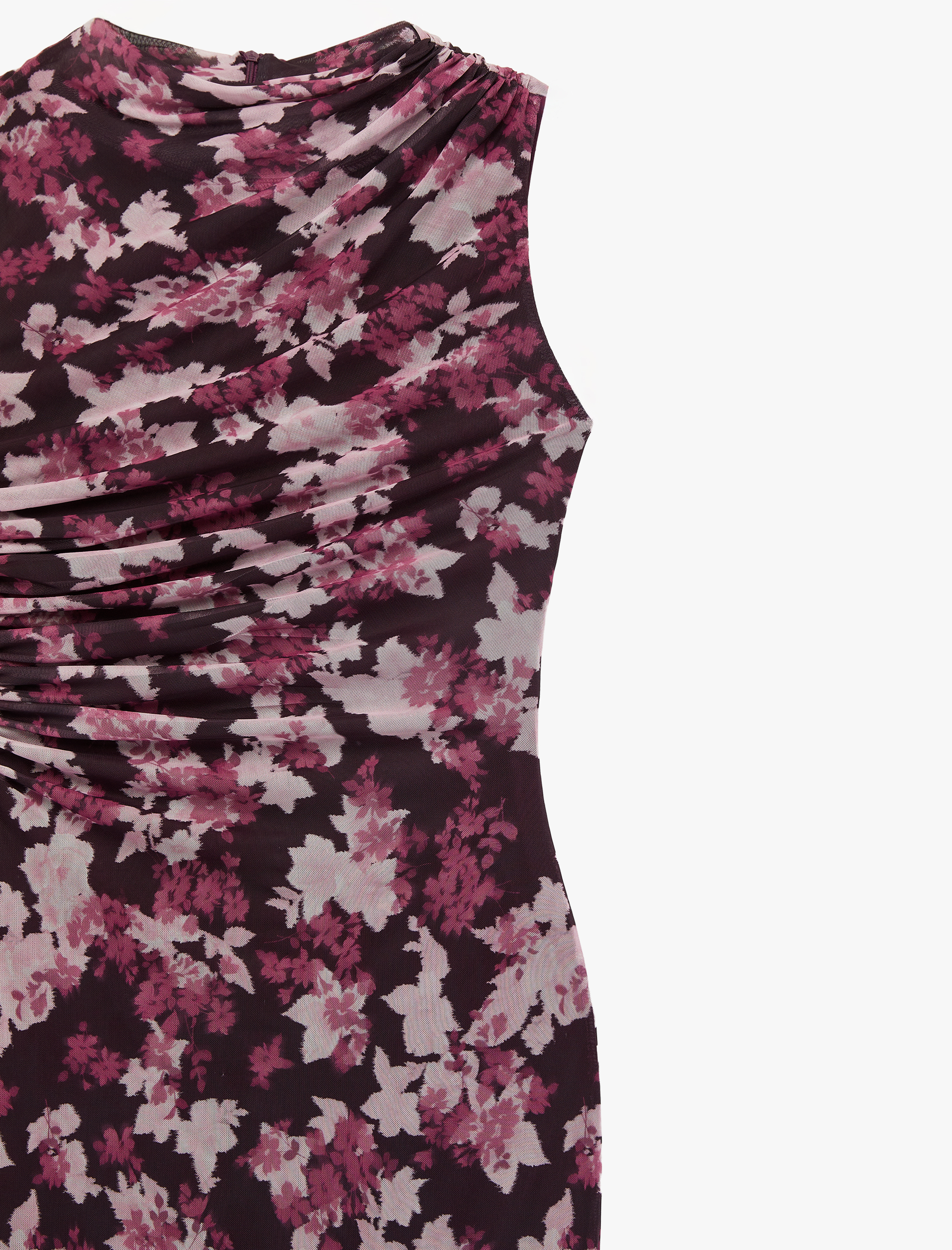   Slim Fit Drapeli Kolsuz Bisiklet Yaka Çiçekli Uzun Elbise