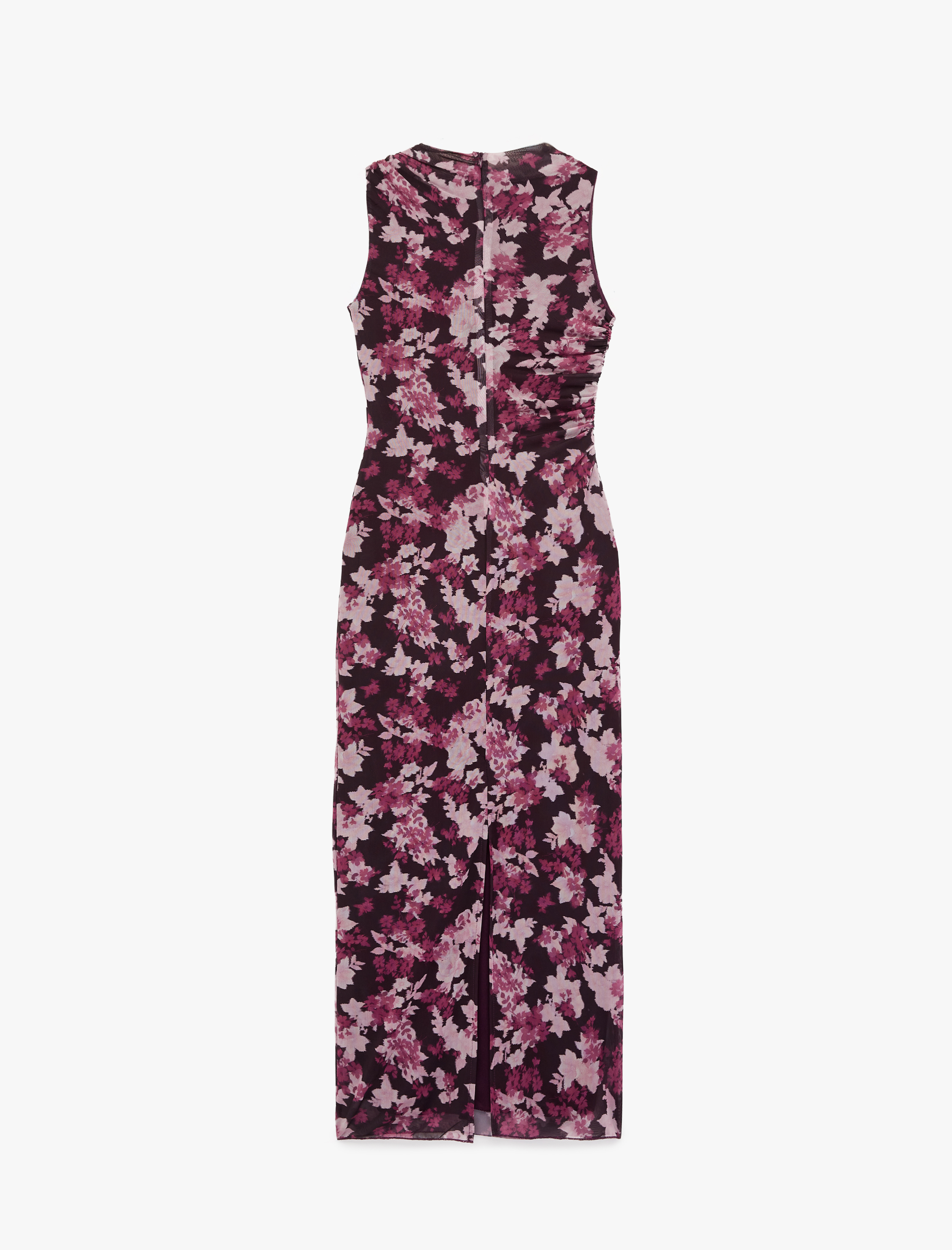   Slim Fit Drapeli Kolsuz Bisiklet Yaka Çiçekli Uzun Elbise