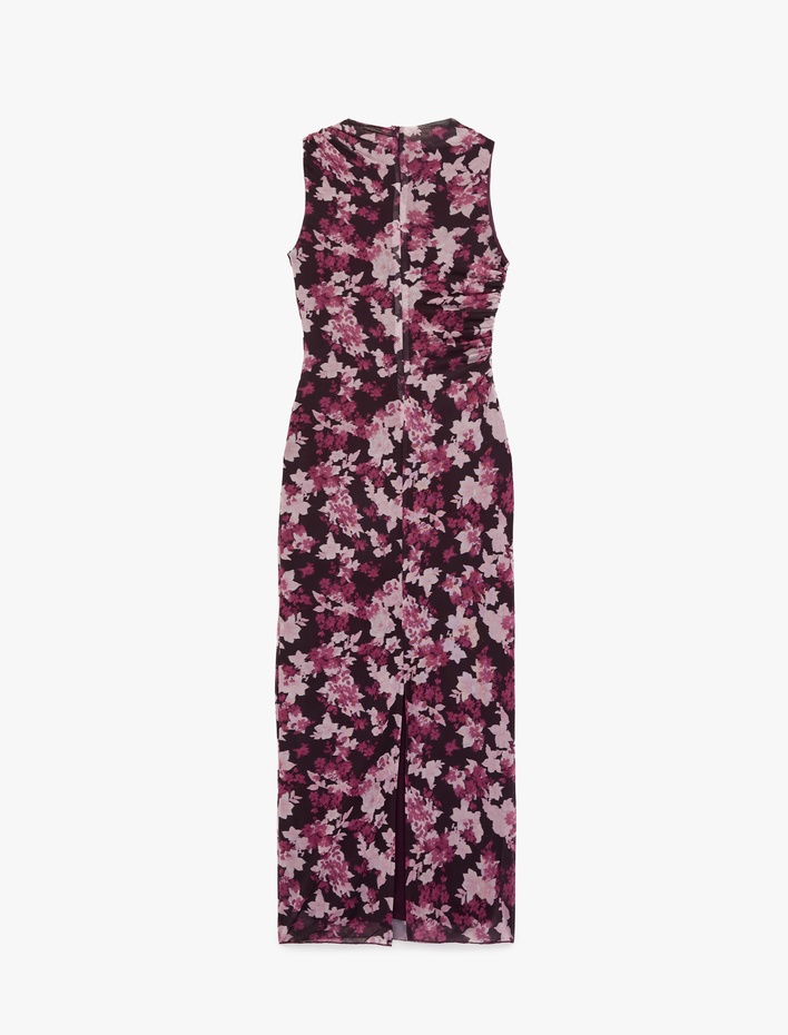  Slim Fit Drapeli Kolsuz Bisiklet Yaka Çiçekli Uzun Elbise