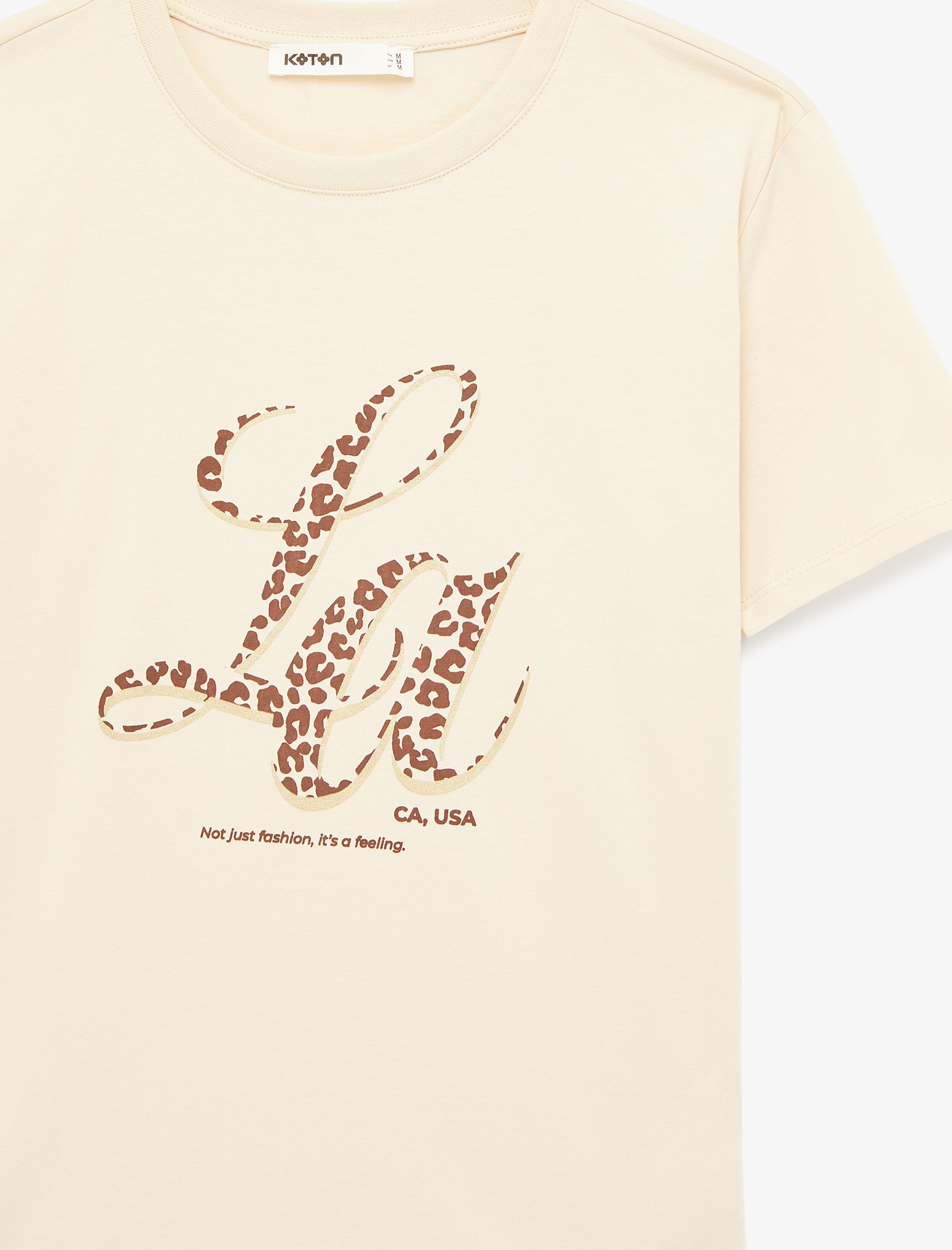   Pamuklu Kısa Kollu Bisiklet Yaka Leopar Baskı Detaylı Tişört