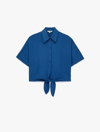 Kısa Kollu Klasik Yaka Bağlama Detaylı Crop Gömlek