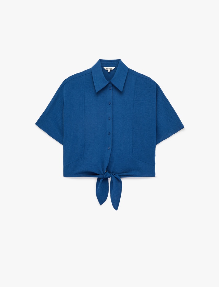  Kısa Kollu Klasik Yaka Bağlama Detaylı Crop Gömlek