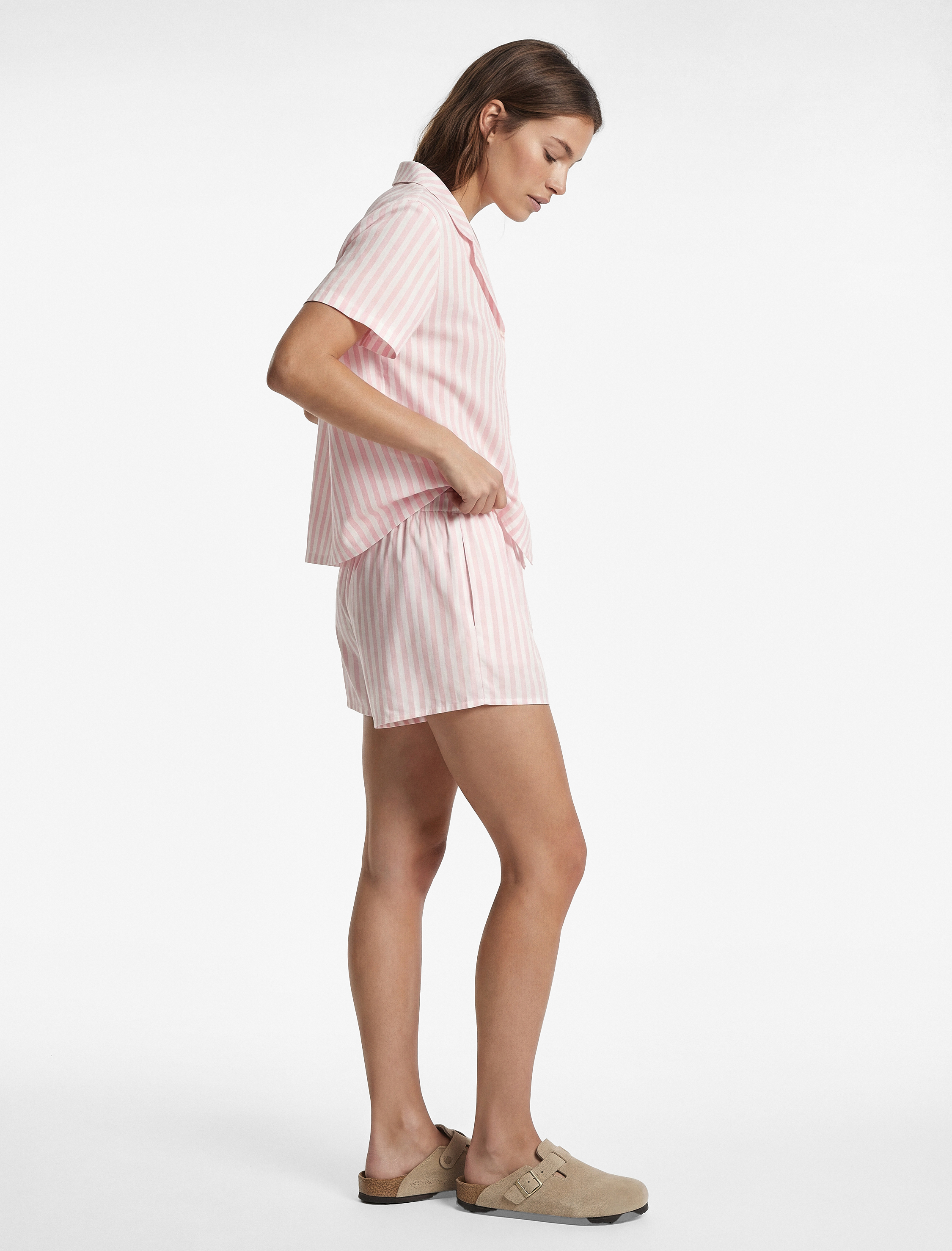   Gömlek Yaka Kısa Kollu Viskon Çizgili Pijama Üstü