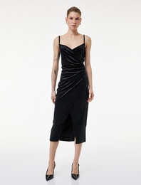 Simli İp Askılı Drapeli Kruvaze Yaka Midi Slip Kadife Abiye Elbise