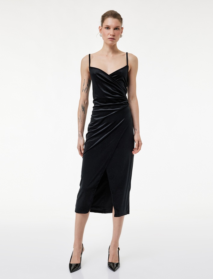  Simli İp Askılı Drapeli Kruvaze Yaka Midi Slip Kadife Abiye Elbise