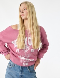 Rahat Kalıp Şardonlu Uzun Kollu Geniş Yuvarlak Yaka Baskılı Sweatshirt