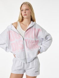 Şardonlu Uzun Kollu Baskılı Fermuarlı Kapüşonlu Sweatshirt