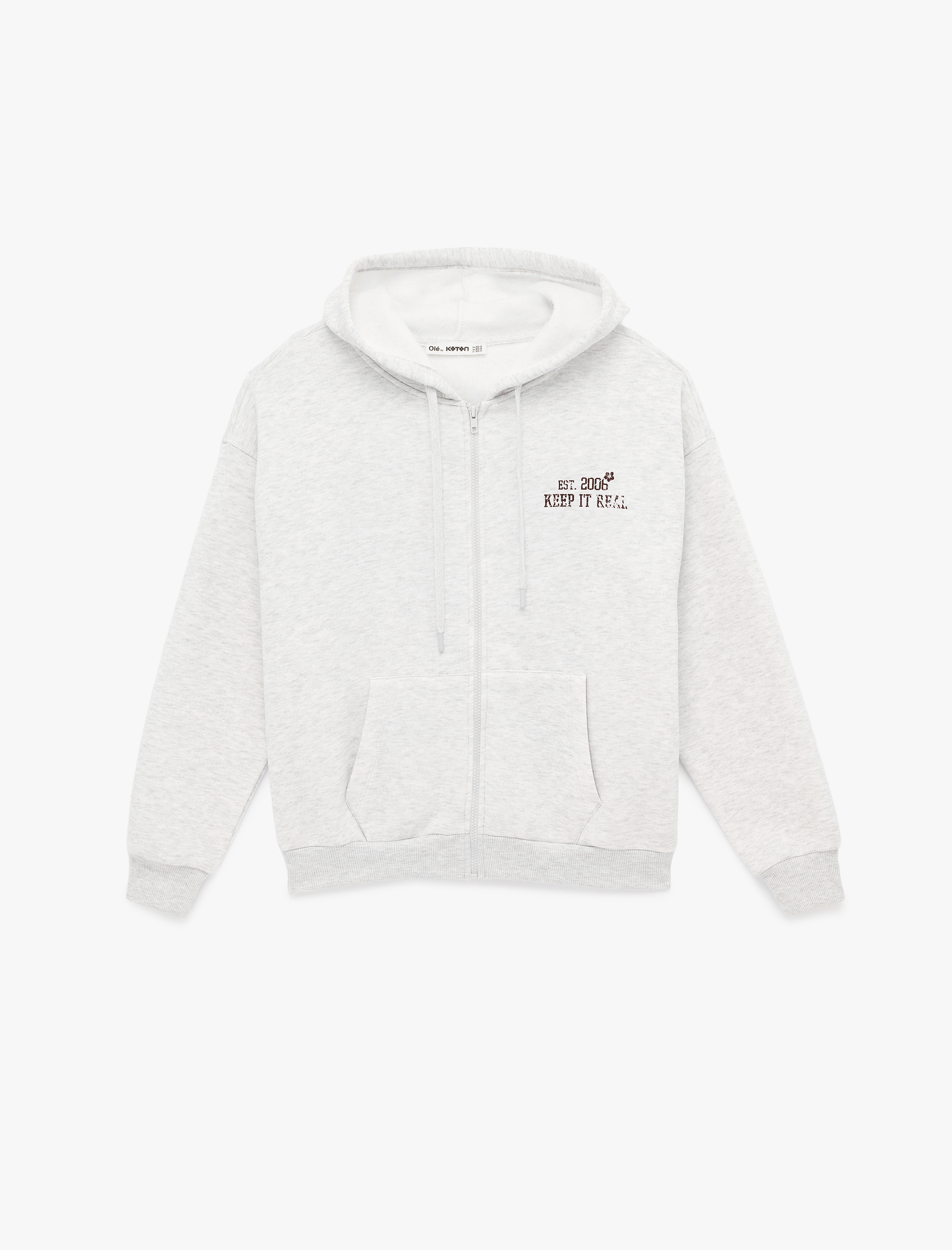   Şardonlu Rahat Kalıp Cepli Uzun Kollu Fermuarlı Arkası Baskılı Kapüşonlu Sweatshirt