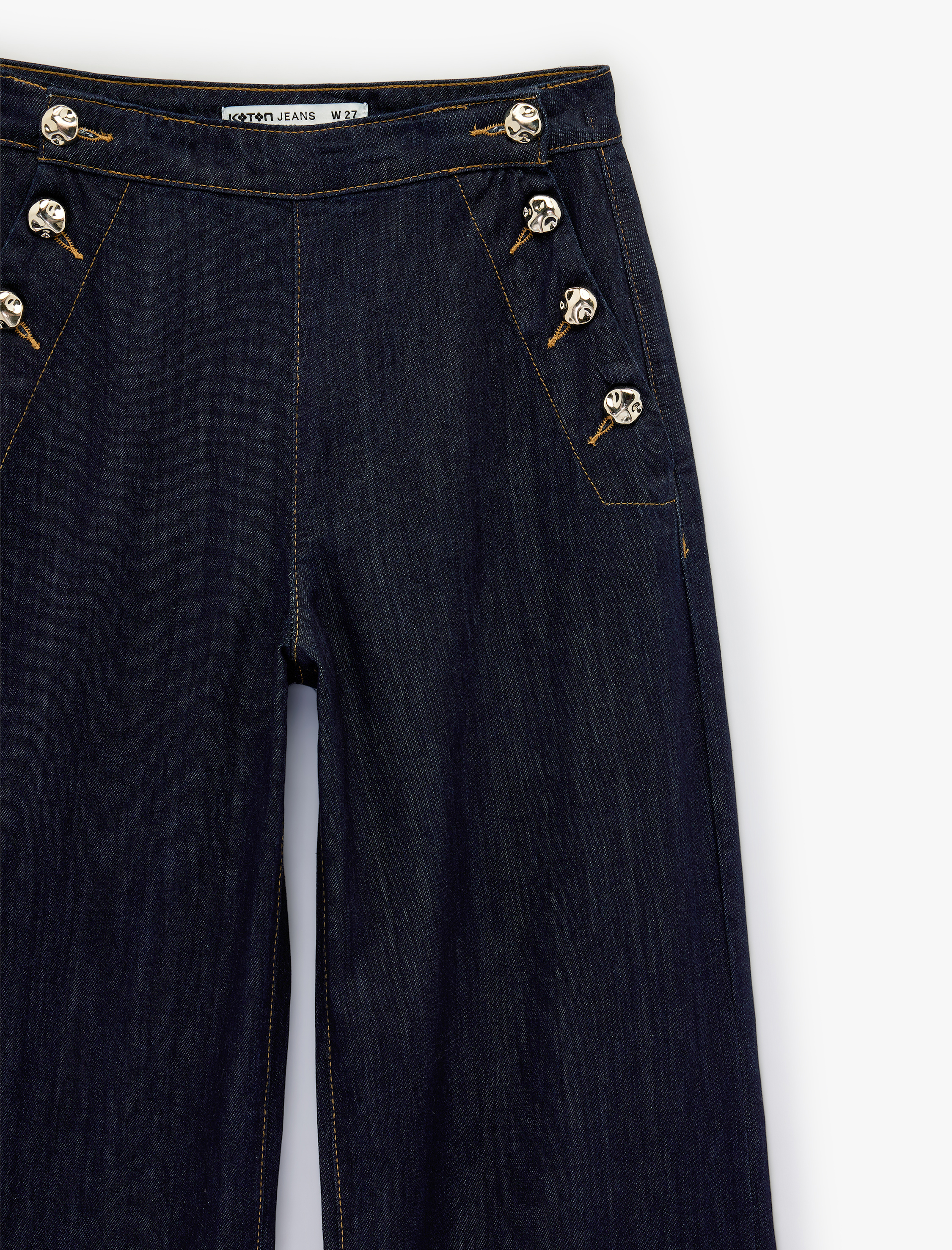   Düğme Detaylı Cepli Geniş Paça Denim Pantolon -  Wide Leg Jeans