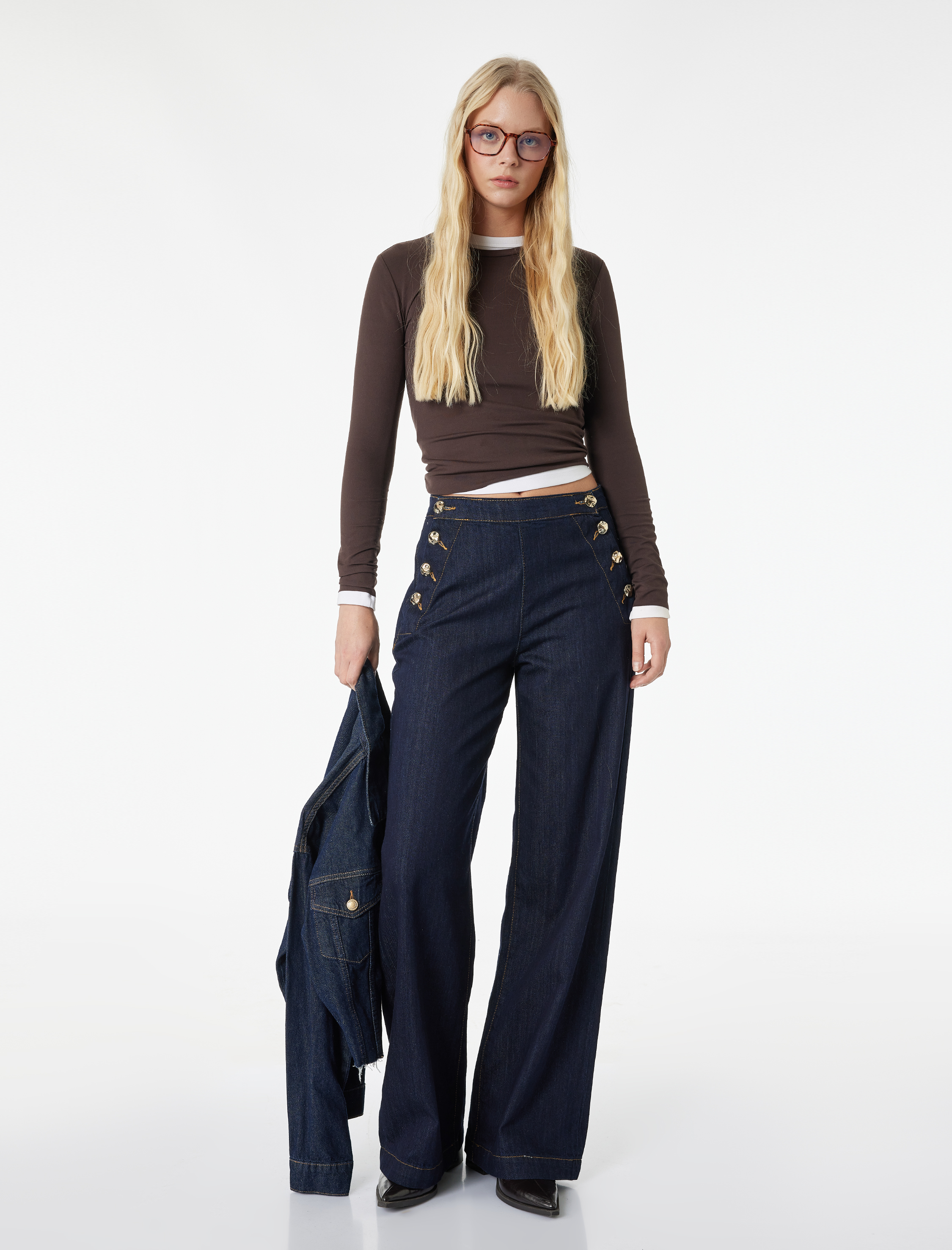   Düğme Detaylı Cepli Geniş Paça Denim Pantolon -  Wide Leg Jeans
