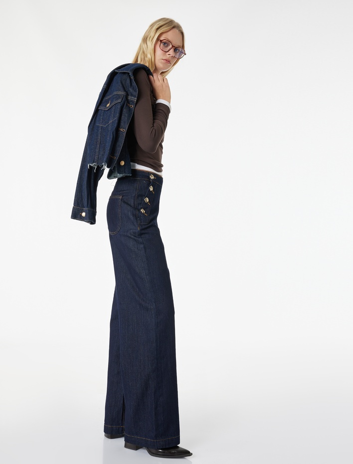  Düğme Detaylı Cepli Geniş Paça Denim Pantolon -  Wide Leg Jeans