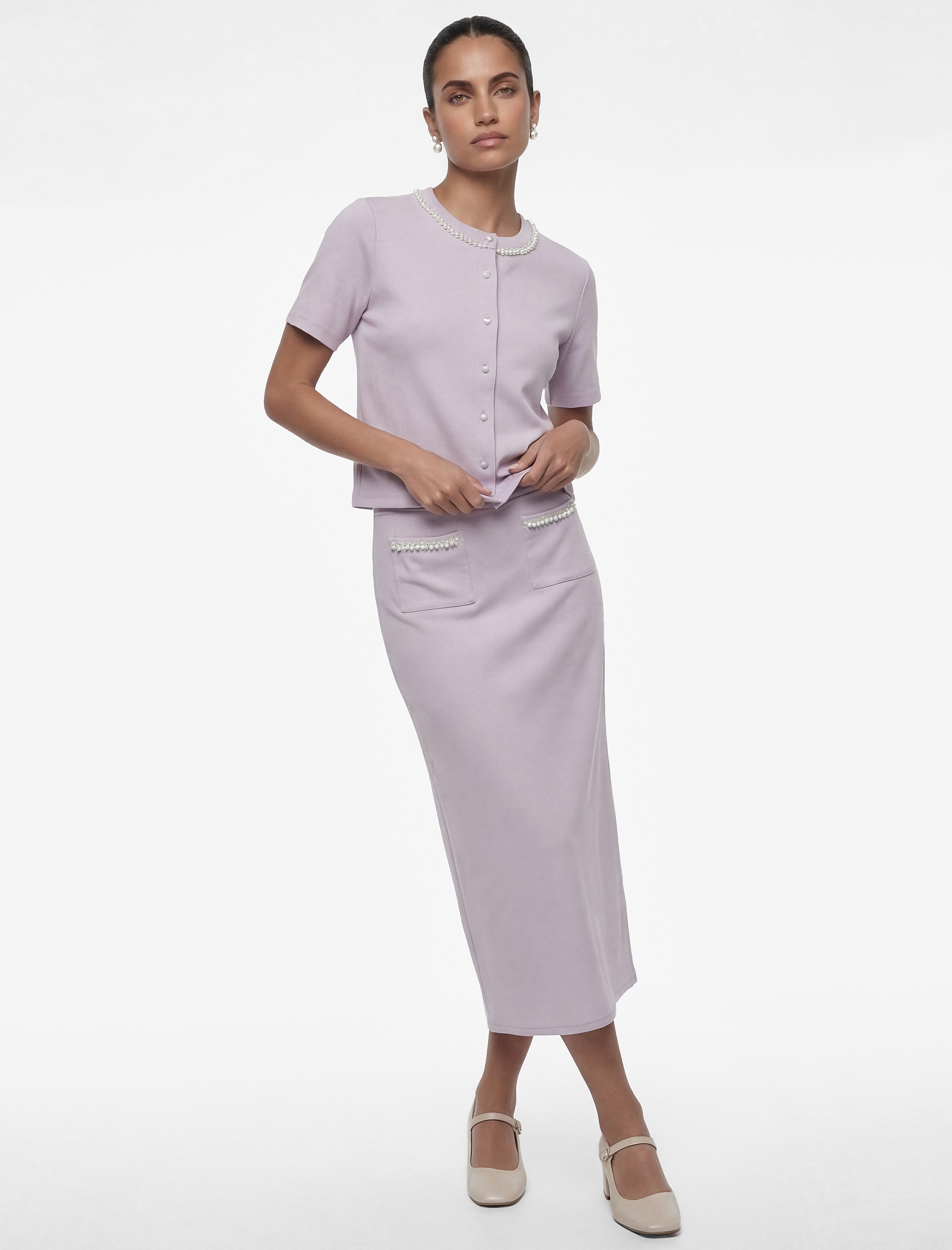   İnci Detaylı Cepli Midi Yırtmaçlı Kalem Etek