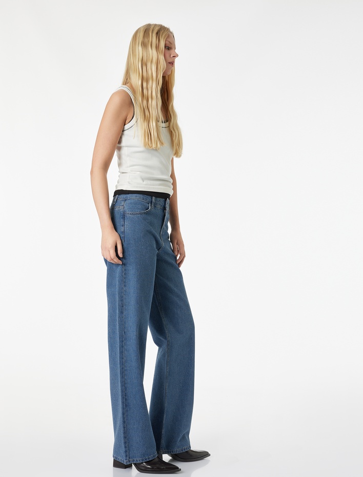  Cepli Uzun Düz Paça Taşlı Jean Pantolon - Straight Fit Jean