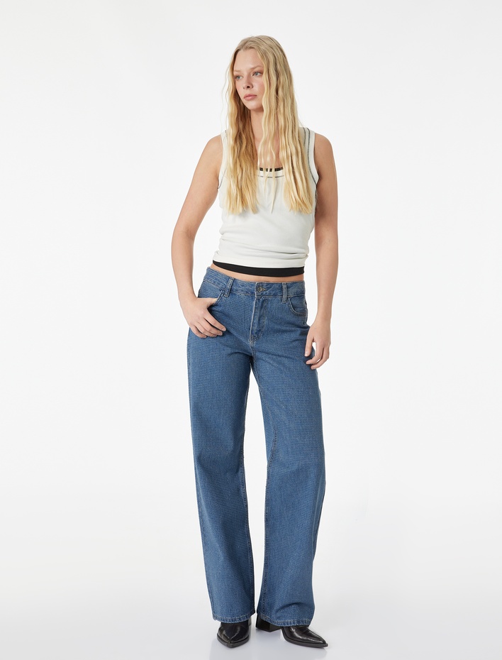  Cepli Uzun Düz Paça Taşlı Jean Pantolon - Straight Fit Jean