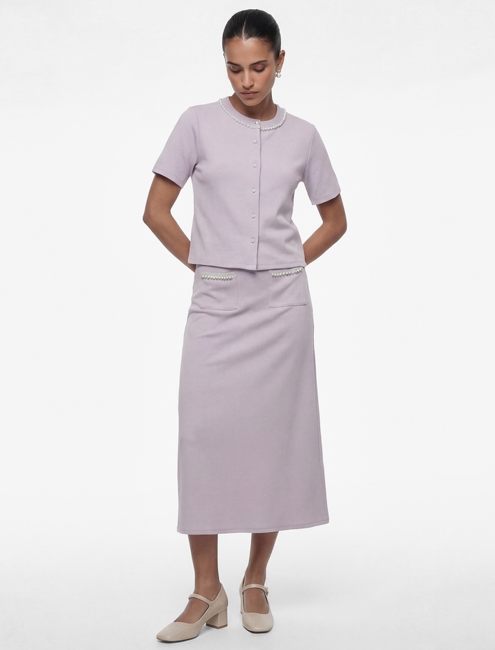  İnci Detaylı Cepli Midi Yırtmaçlı Kalem Etek