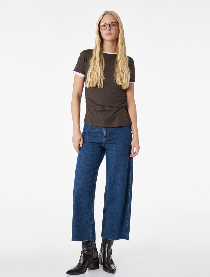  Düğmeli Yüksek Bel Rahat Kesim Denim Pantolon - Culotte Jeans