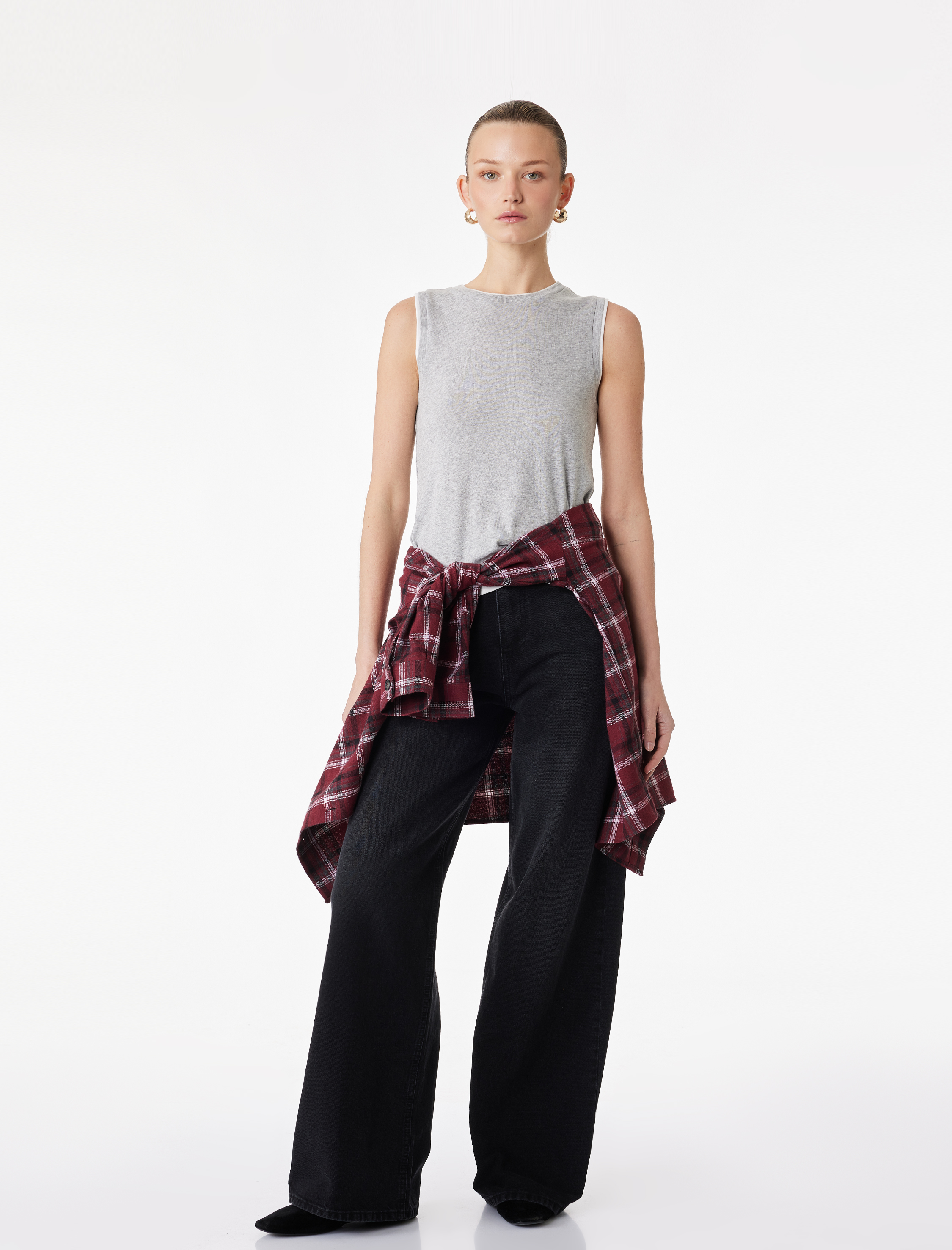   Yüksek Bel Pamuklu Düğmeli Geniş Paça Denim Pantolon -  Wide Leg Jeans