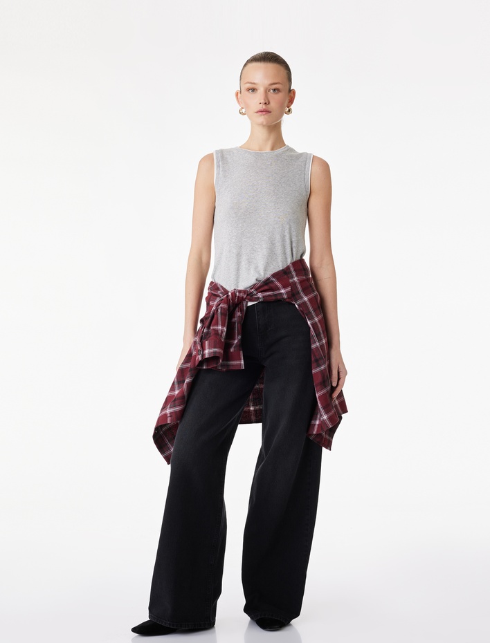  Yüksek Bel Pamuklu Düğmeli Geniş Paça Denim Pantolon -  Wide Leg Jeans