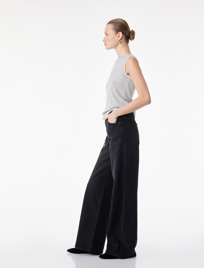  Yüksek Bel Pamuklu Düğmeli Geniş Paça Denim Pantolon -  Wide Leg Jeans