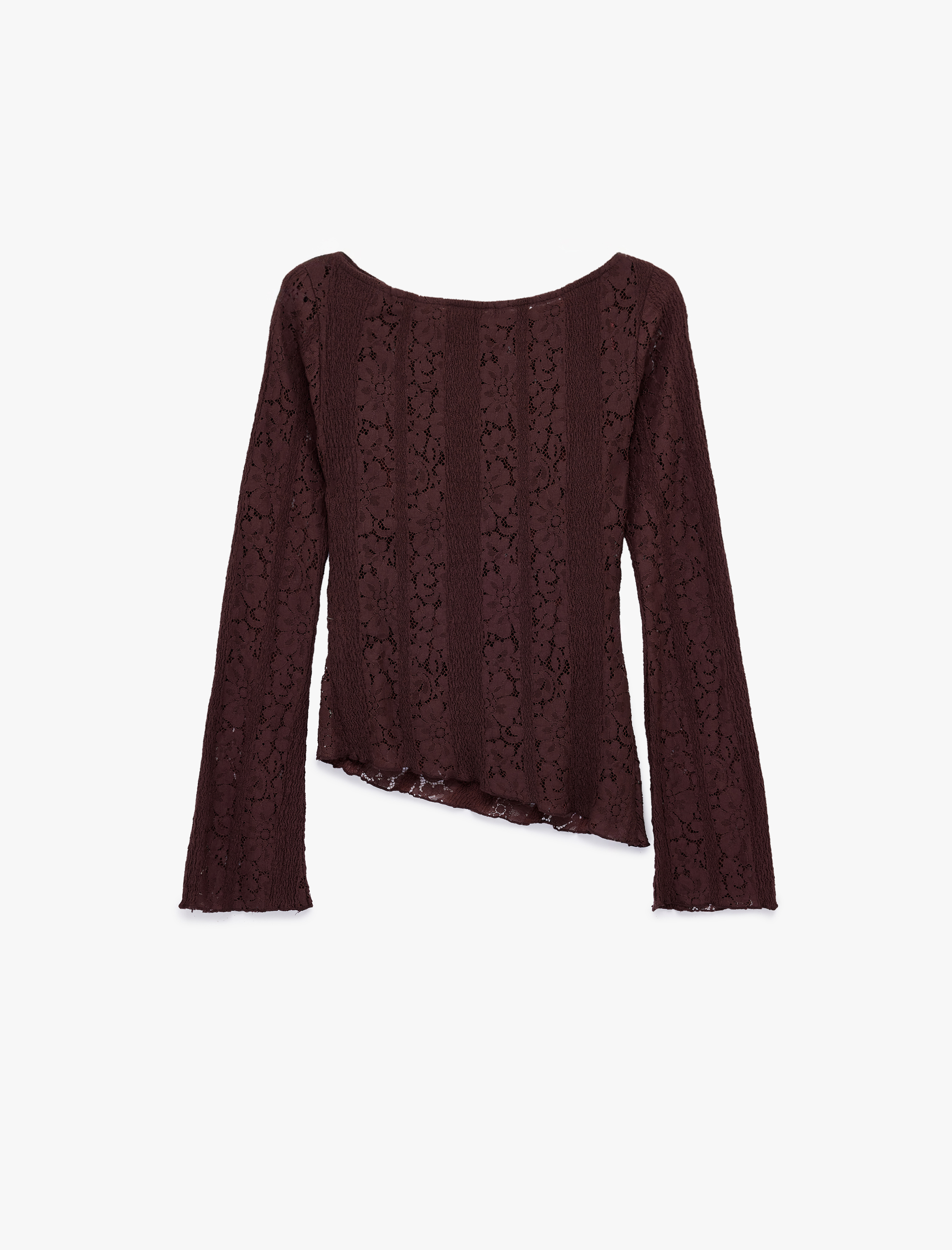   Asimetrik Kayık Yaka Uzun Kollu Slim Fit Dantelli Tişört