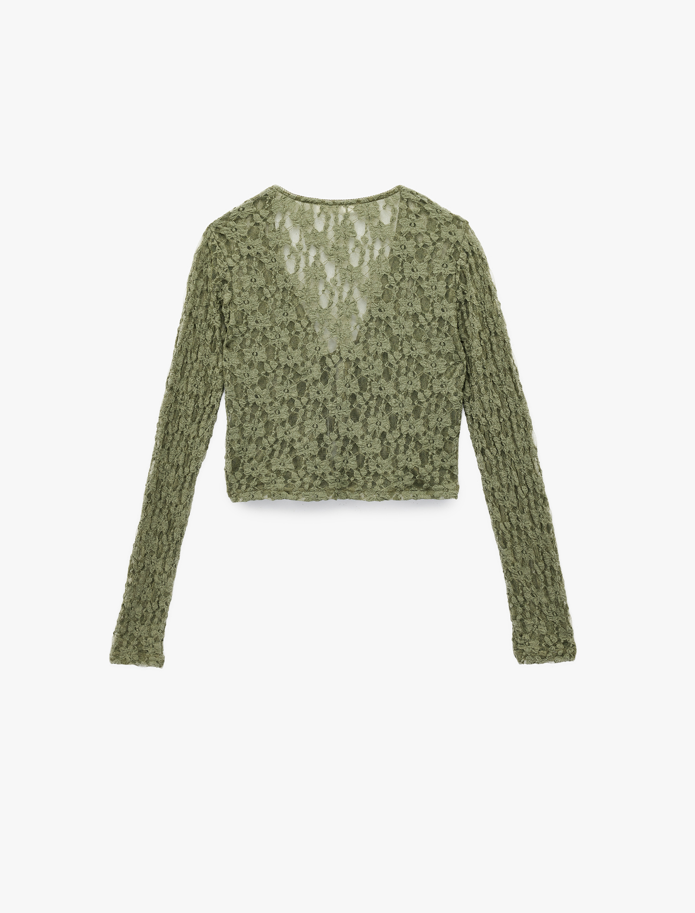   Uzun Kollu V Yaka Bağlama Detaylı Fiyonklu Dantel Hırka