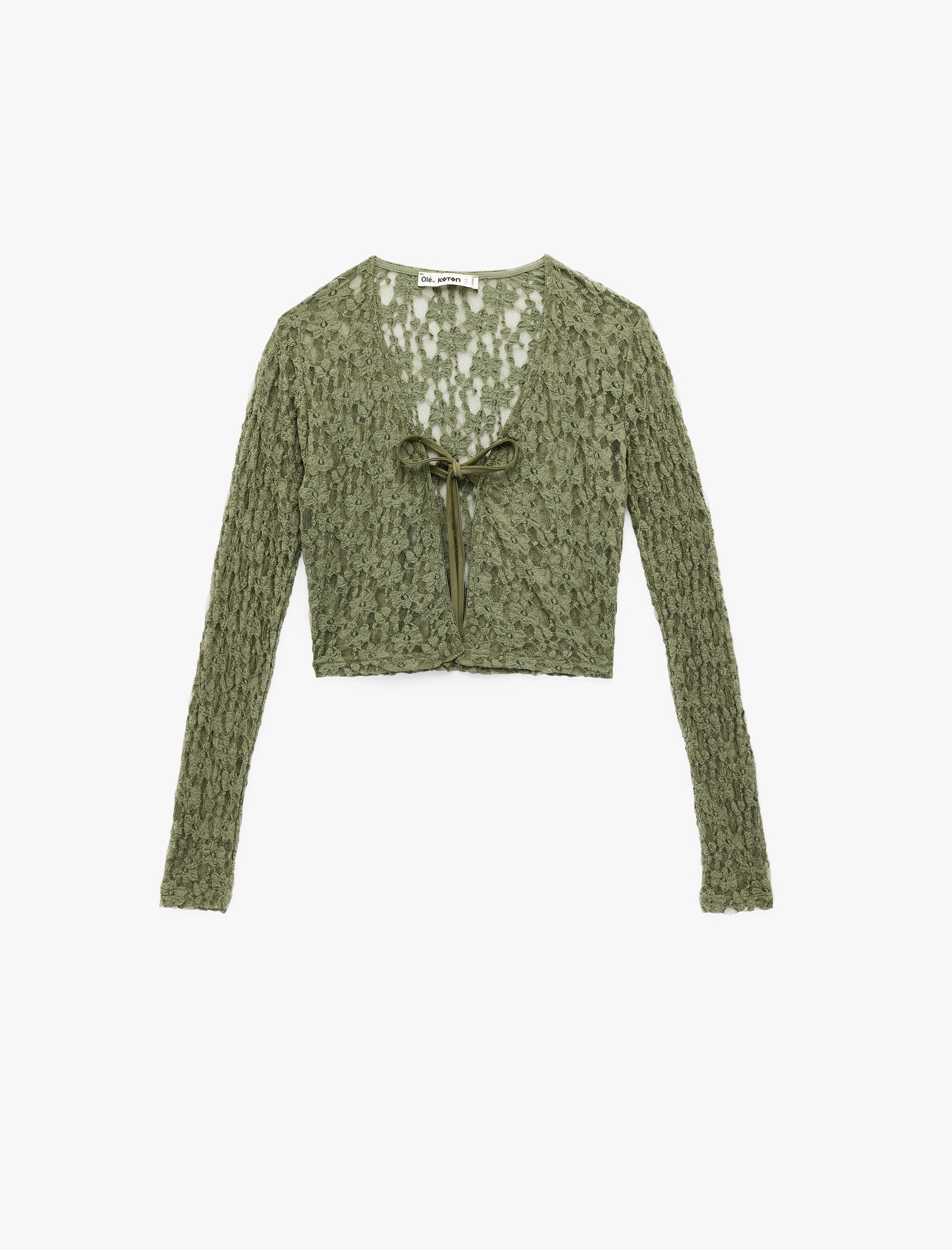   Uzun Kollu V Yaka Bağlama Detaylı Fiyonklu Dantel Hırka