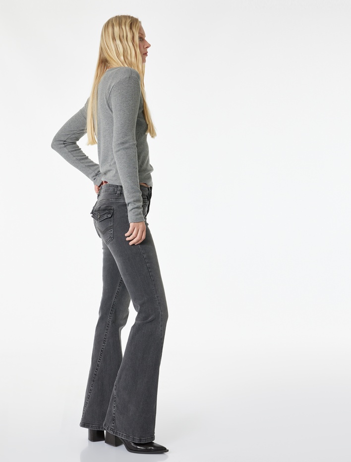  Cepli Yüksek Bel İspanyol Paça Jean Pantolon - Flare Jeans