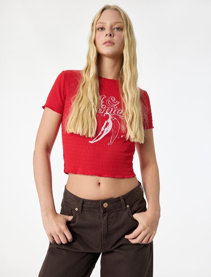  Slim Fit Kısa Kollu Bisiklet Yaka Baskılı Tişört