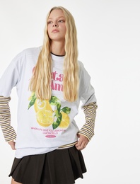 Rahat Kalıp Kısa Kollu Bisiklet Yaka Pamuklu Limon Baskılı Tişört