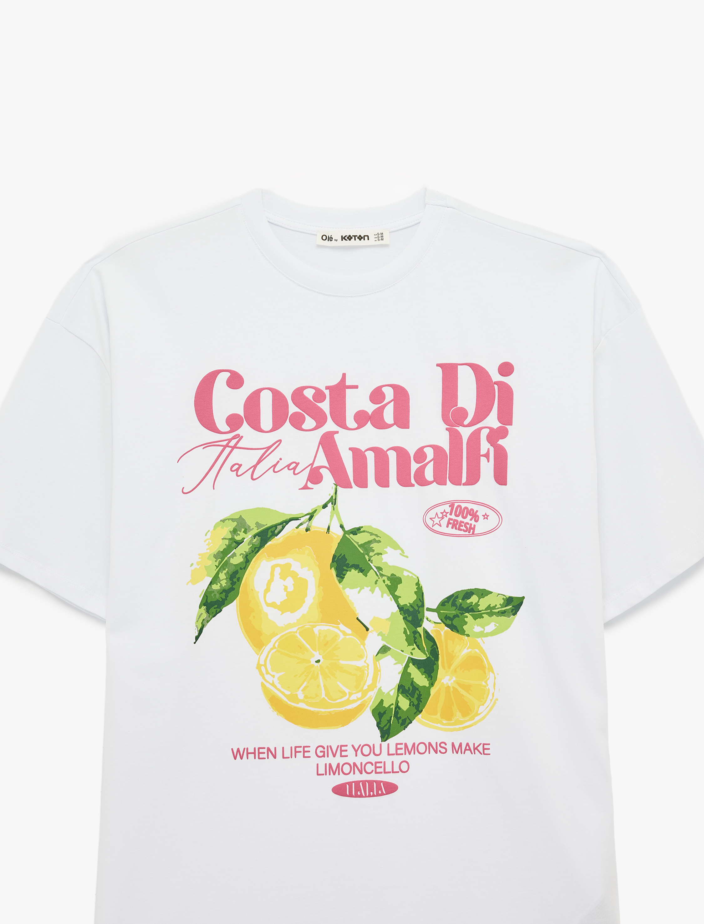   Rahat Kalıp Kısa Kollu Bisiklet Yaka Pamuklu Limon Baskılı Tişört