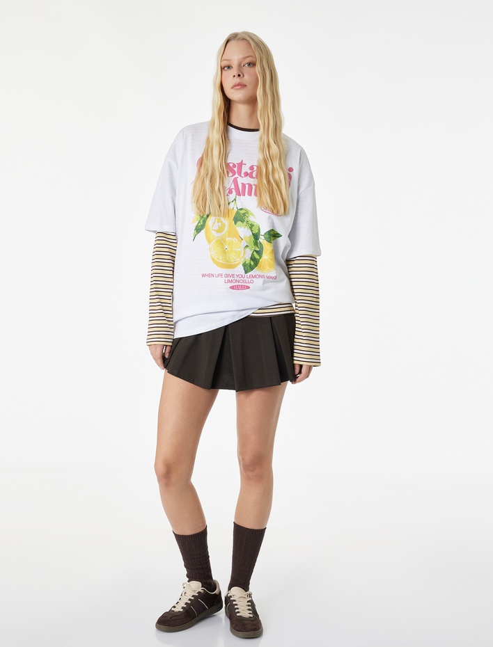  Rahat Kalıp Kısa Kollu Bisiklet Yaka Pamuklu Limon Baskılı Tişört