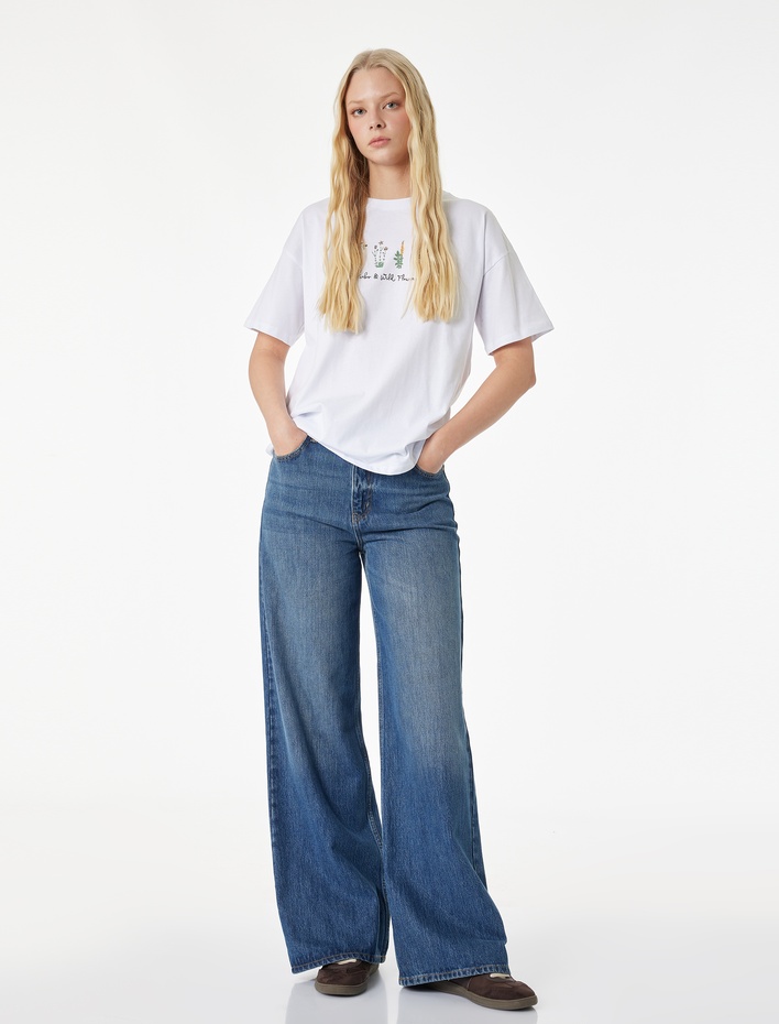  Rahat Kalıp Pamuklu Kısa Kollu Bisiklet Yaka Baskılı Tişört