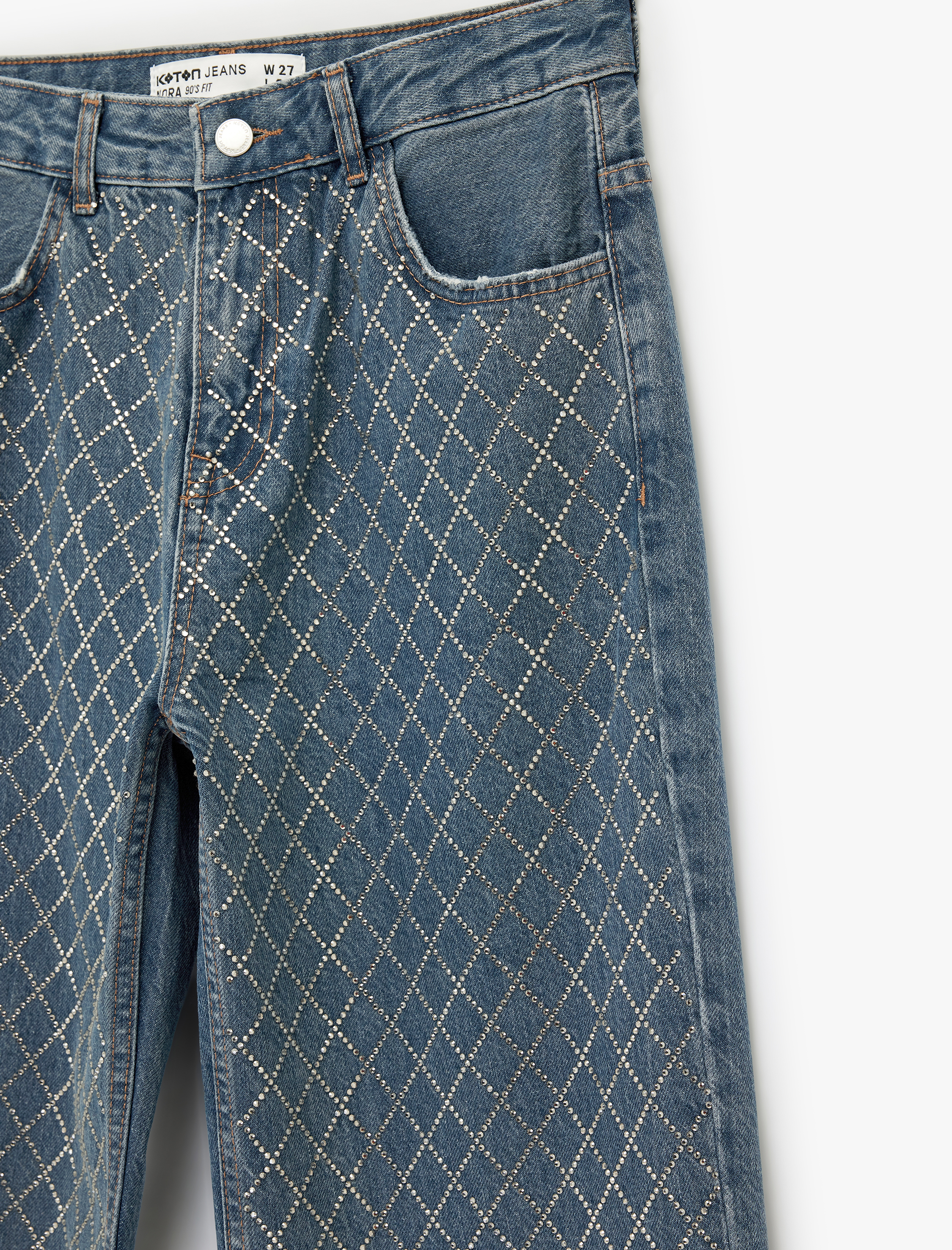   Cepli Uzun Düz Paça Taşlı Jean Pantolon - Straight Fit 90's Jeans