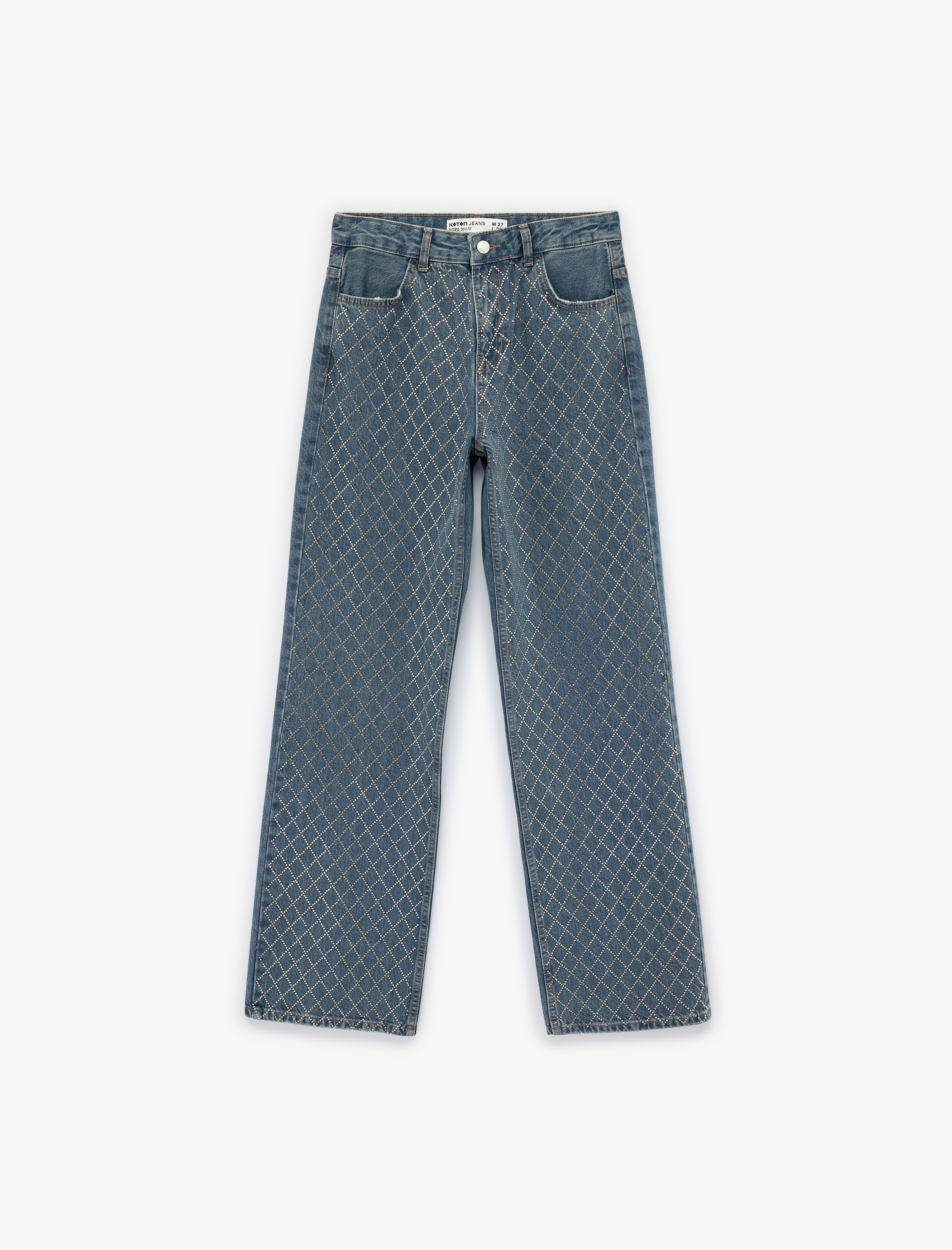   Cepli Uzun Düz Paça Taşlı Jean Pantolon - Straight Fit 90's Jeans